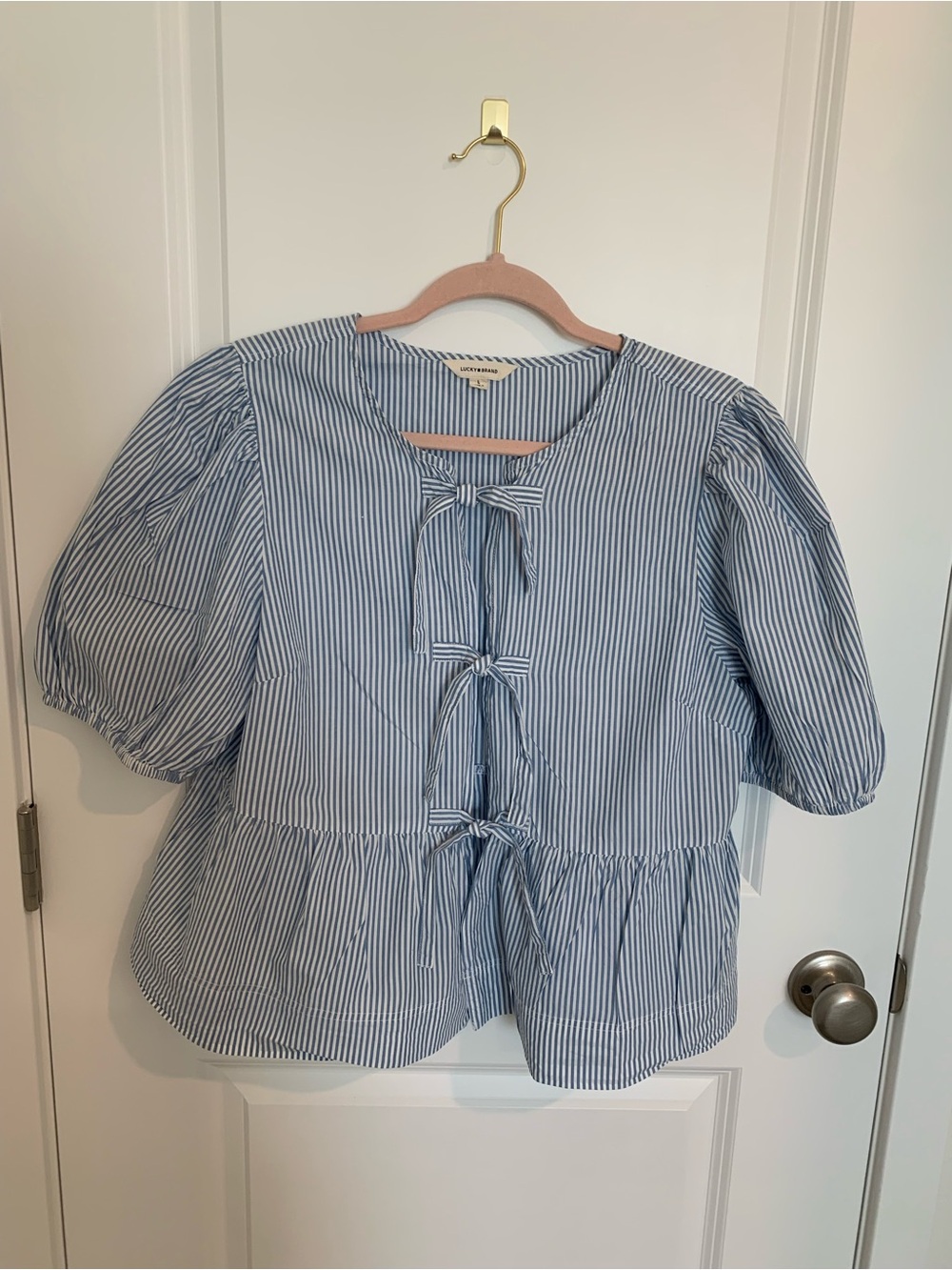 Lucky Brand Blue and White Striped Tie-Front Peplum Top